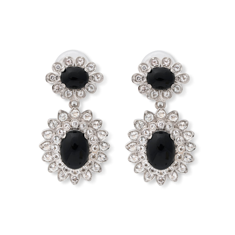 925 Sterling Silver with White Topaz/Black Onyx Cabochon Clip Earring