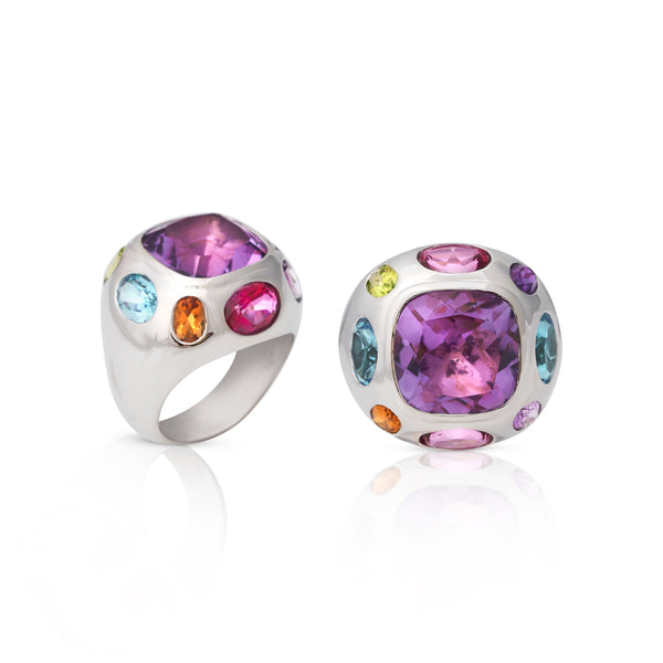 925 Silver and Pink Amethyst Center Adjustable Ring