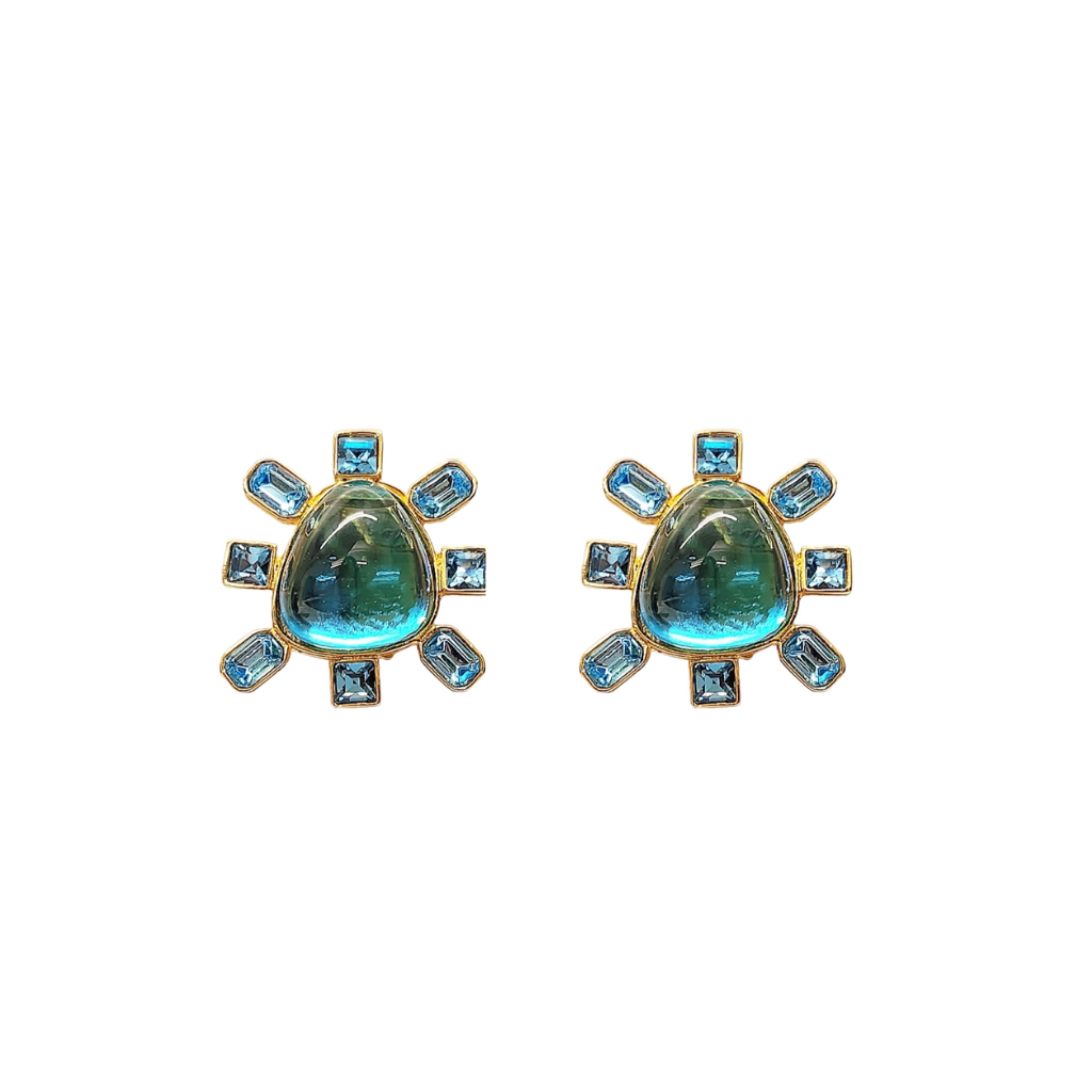 Aqua and Aqua Cabochon Center Clip Earring