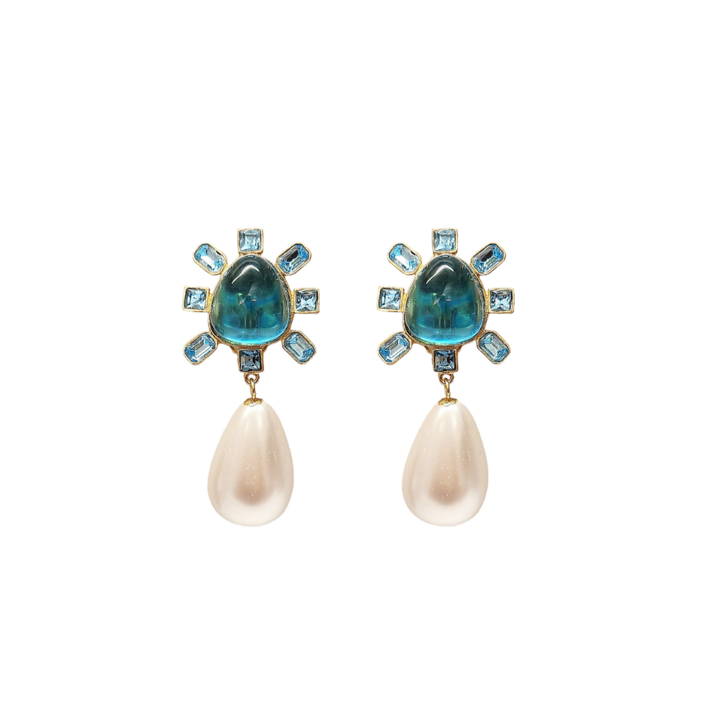 Aqua and Aqua Cabochon Center Pearl Drop Clip Earring