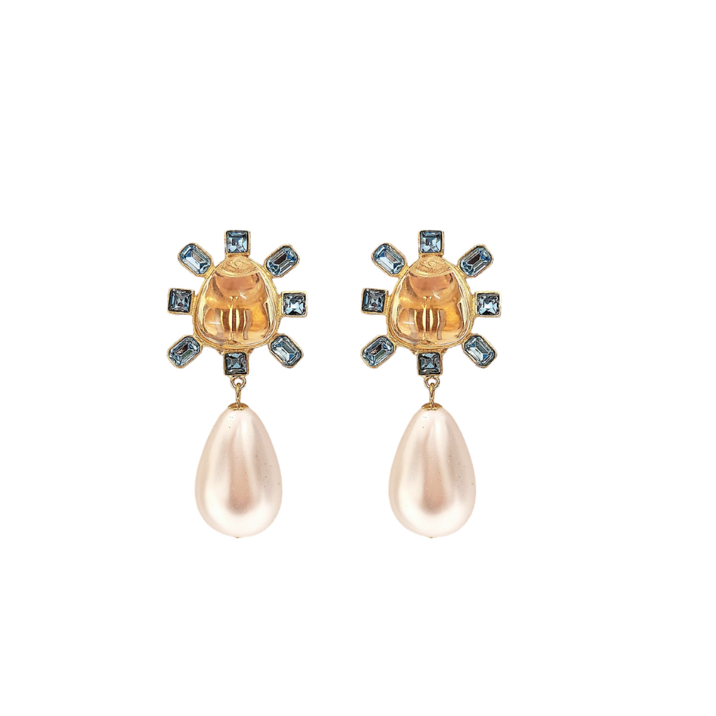 Aqua and Clear Pearl Drop Clip-On Earring