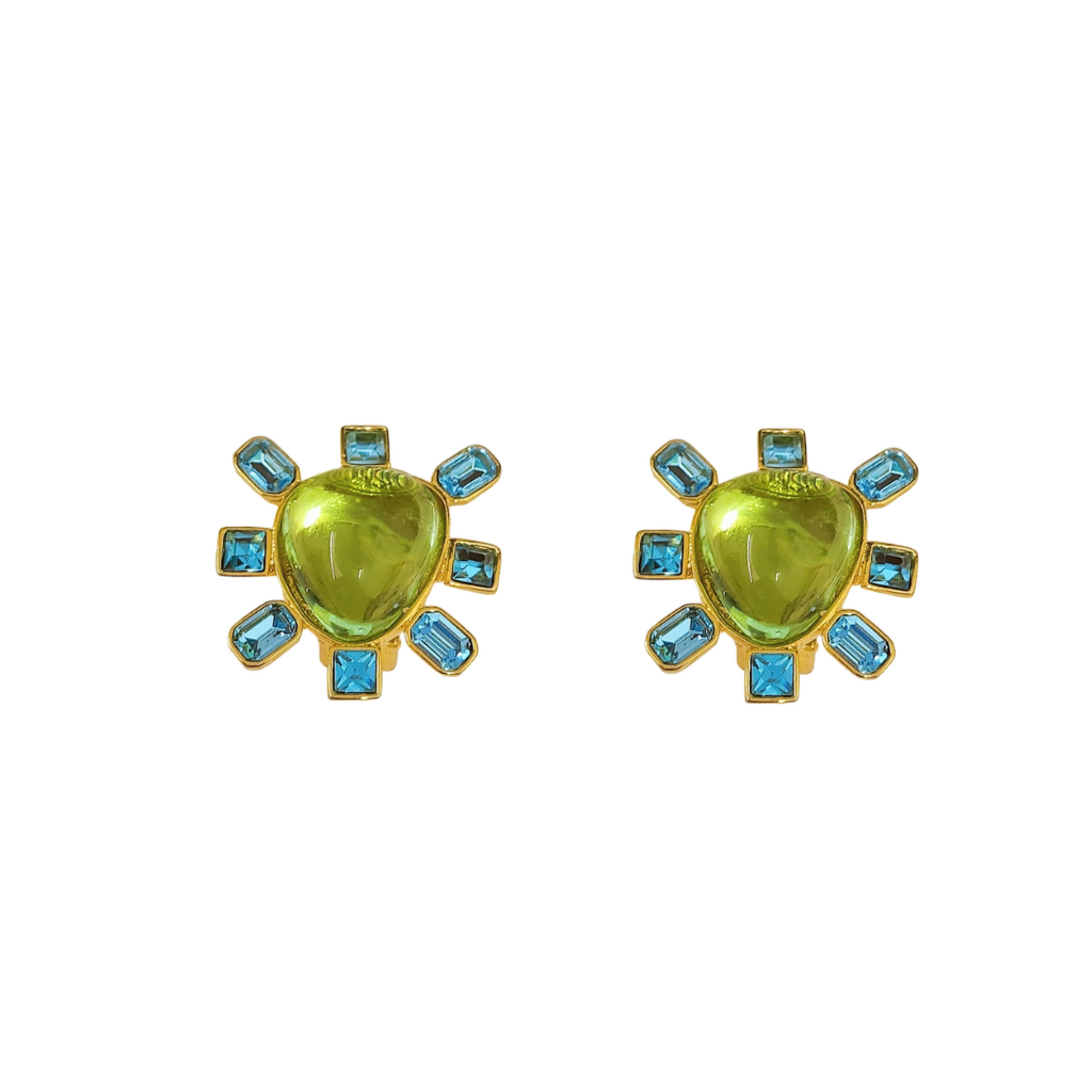 Aqua and Peridot Cabochon Center Clip Earring