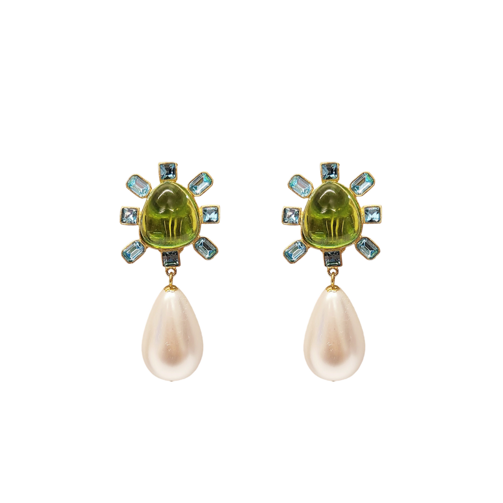 Aqua and Peridot Cabochon Center Pearl Drop Clip Earring