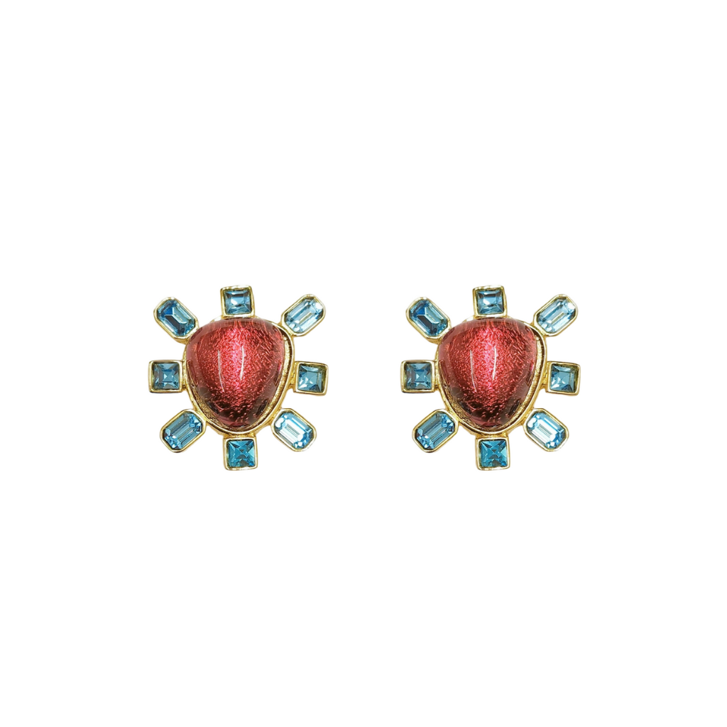 Aqua and Rose Cabochon Center Clip Earring