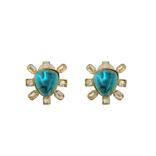 Clear Crystal and Aqua Cabochon Center Clip Earring