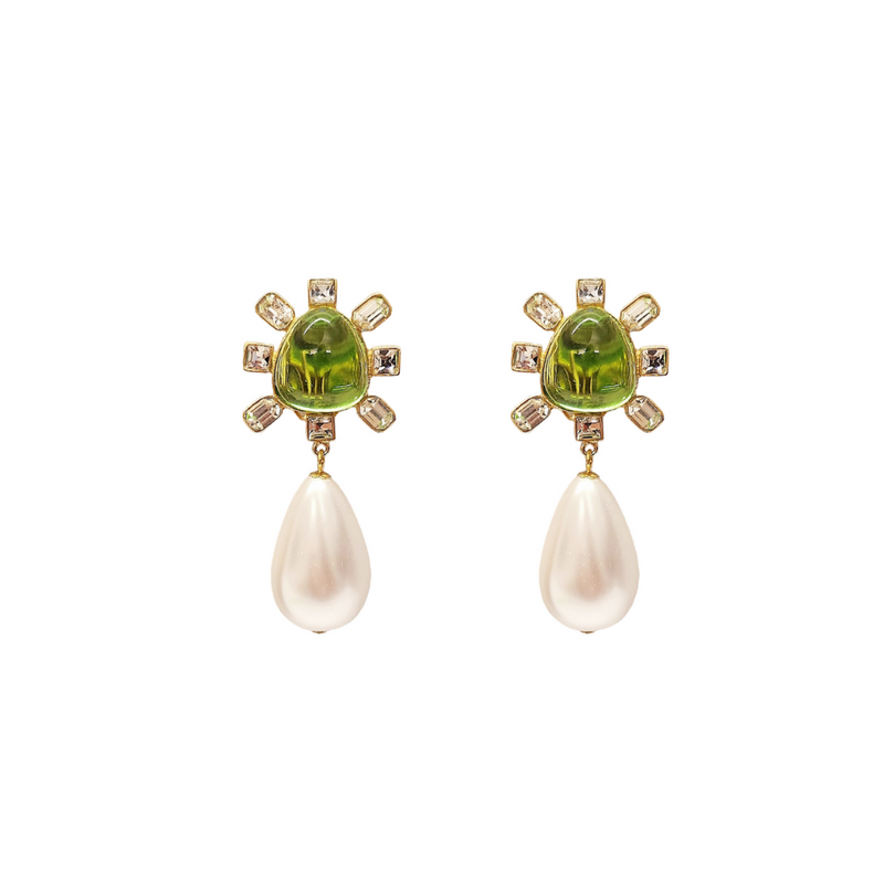Clear Crystal and Peridot Cabochon Center Pearl Drop Clip Earring