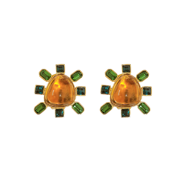 Emerald and Topaz Cabochon Center Clip Earring