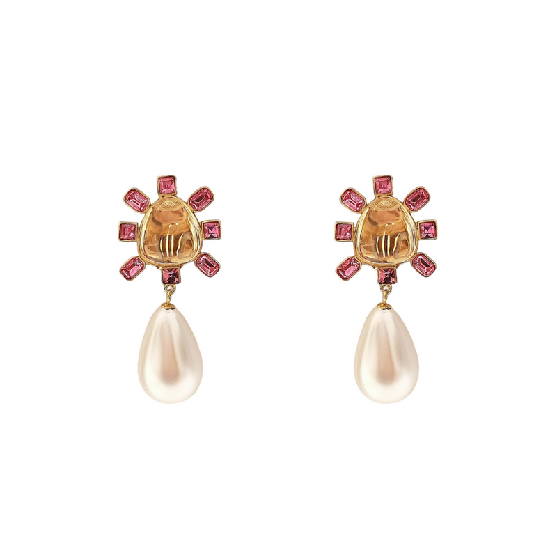 Pink and Clear Crystal Cabochon Center Pearl Drop Clip Earring