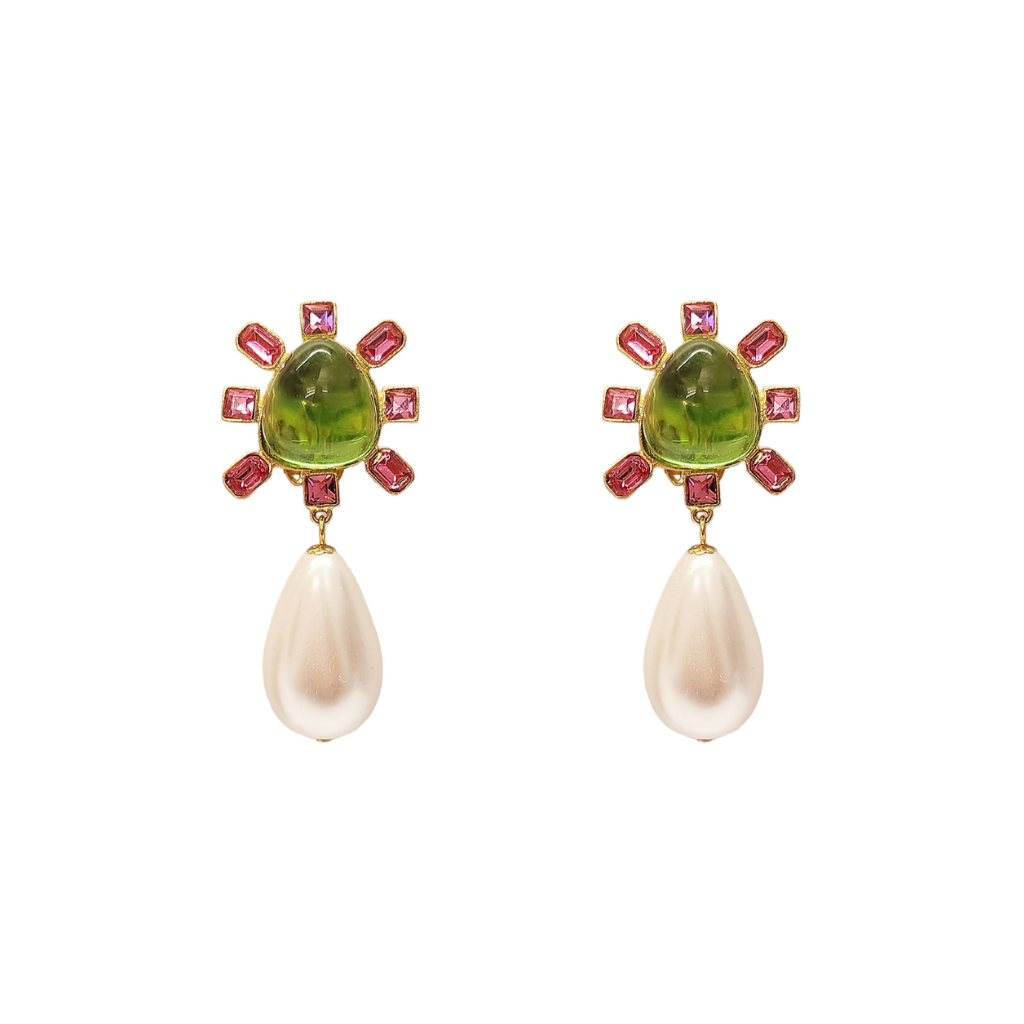 Pink and Peridot Cabochon Center Pearl Drop Clip Earring