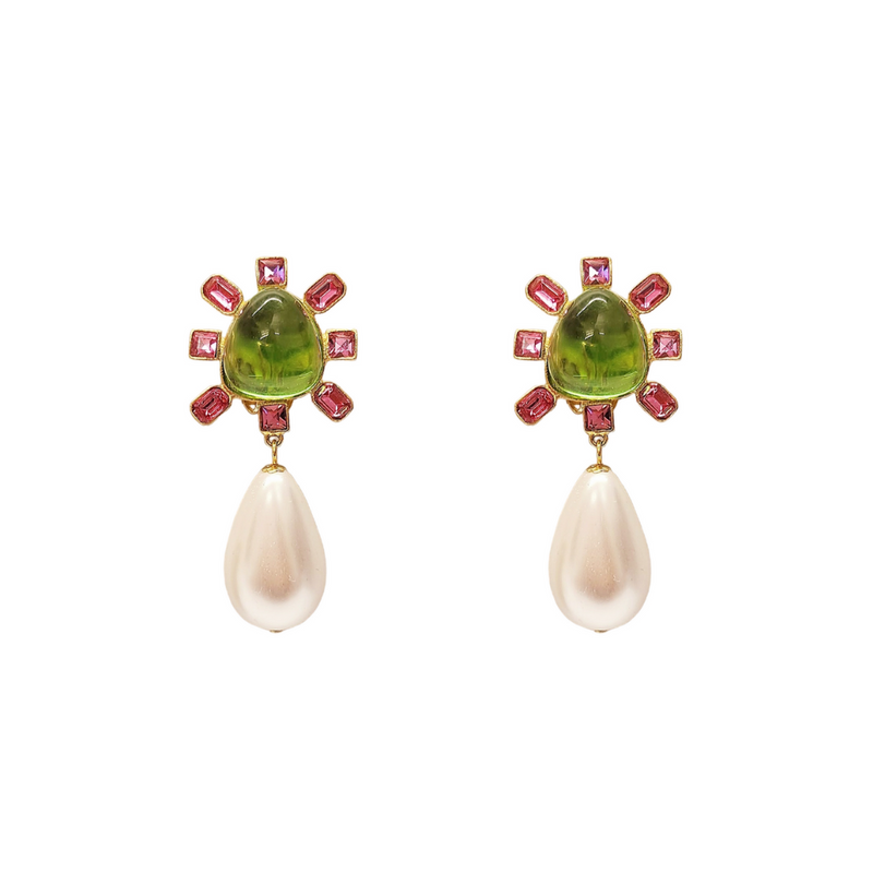 Pink and Peridot Cabochon Center Pearl Drop Clip Earring