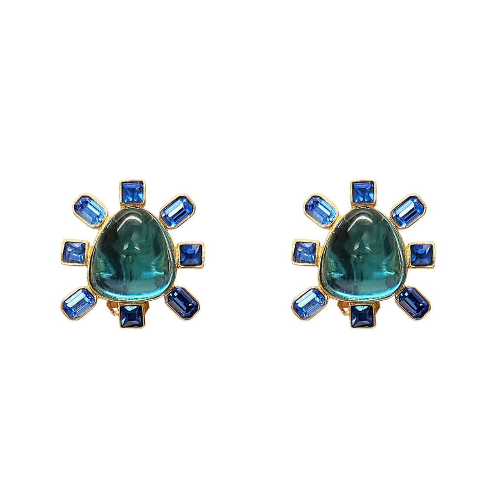 Sapphire and Aqua Cabochon Center Clip Earring