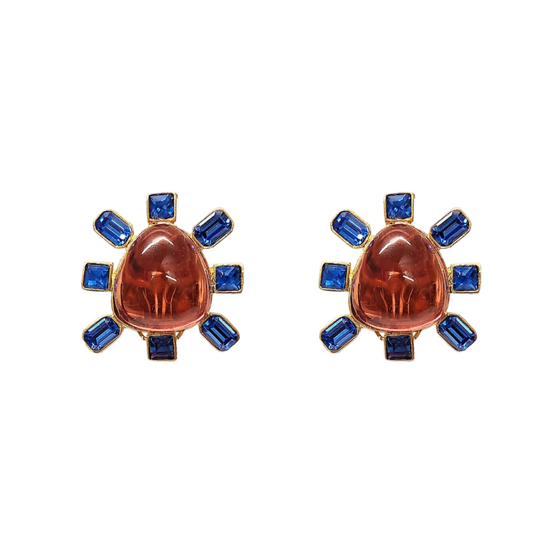 Sapphire and Rose Cabochon Center Clip Earring