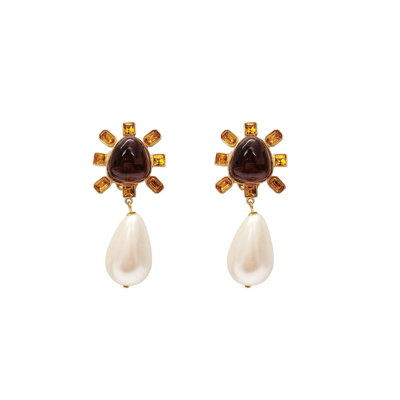 Topaz and Amethyst Cabochon Center Pearl Drop Clip Earring