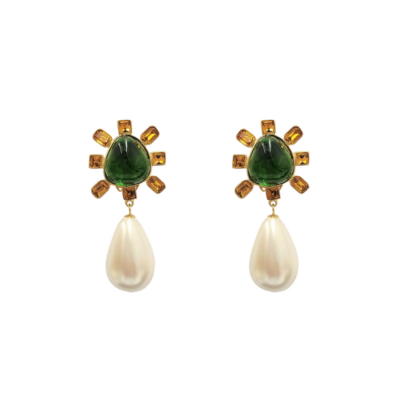 Topaz and Emerald Cabochon Center Pearl Drop Clip Earring