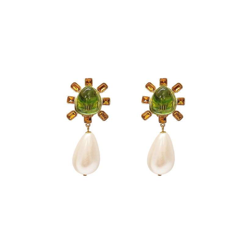 Topaz and Peridot Cabochon Center Pearl Drop Clip Earring