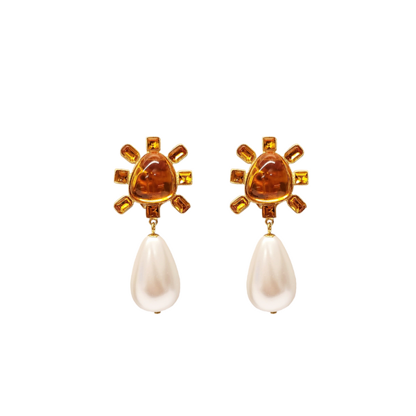 Topaz and Topaz Cabochon Center Pearl Drop Clip Earring