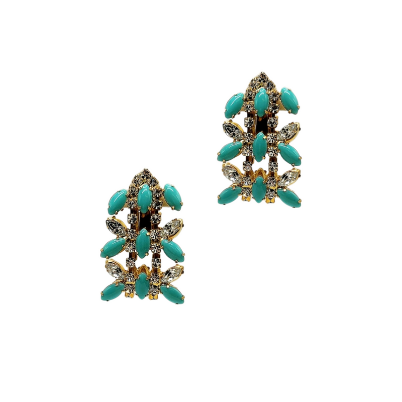 Gold and Crystal with Oval Turquoise Stones Clip Earring