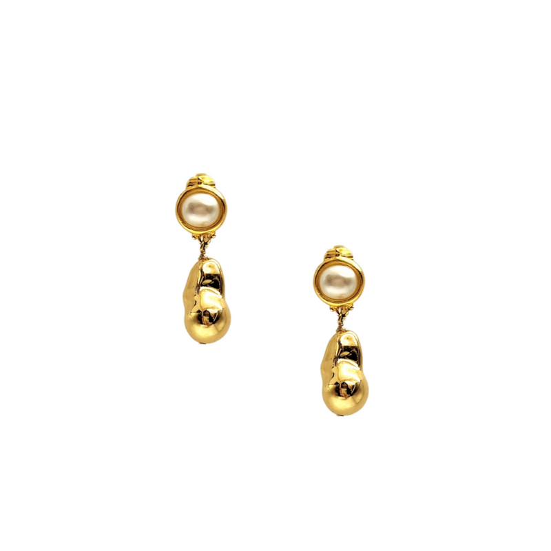 Gold Nugget and Pearl Cabochon Clip Earring