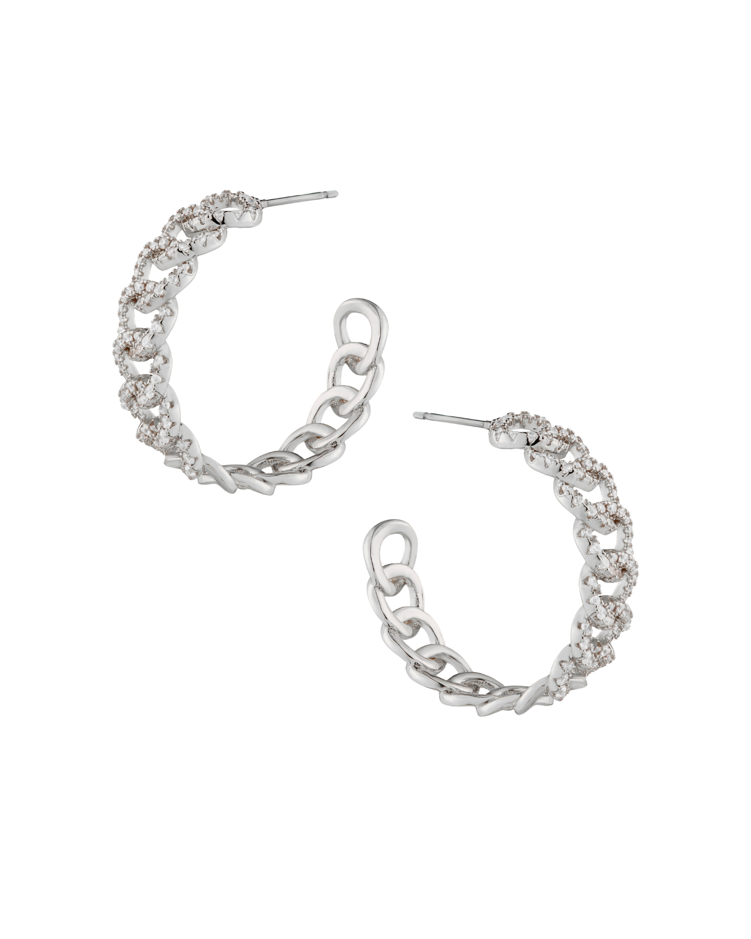 Cubic Zirconia Rhodium Chain Hoop Earrings