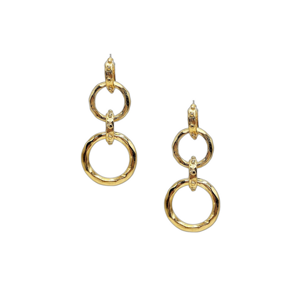 Gold Hammered Double Circle Pierced Earrings