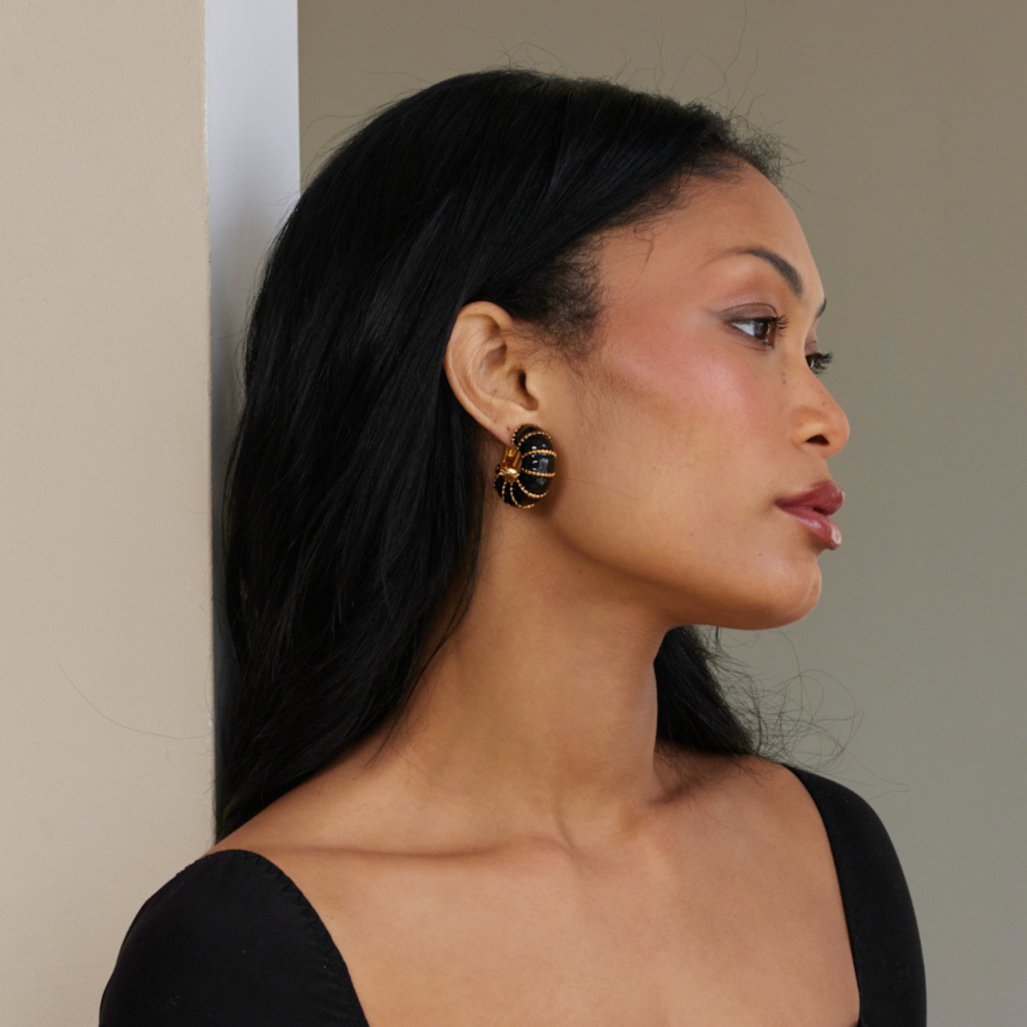 Gold & Black Enamel Hoop Clip Earrings