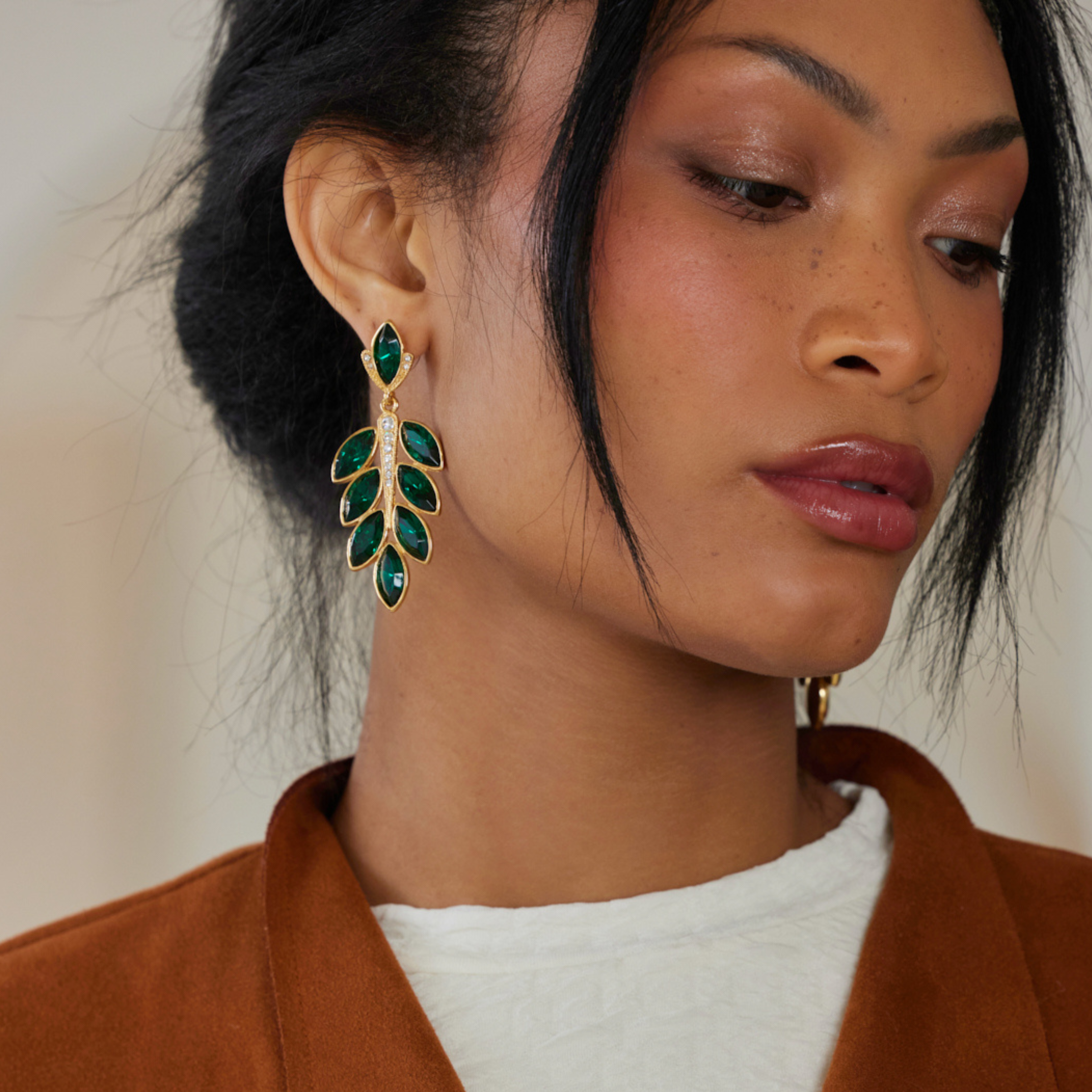 Gold & Emerald Leaf Post Drop Earring