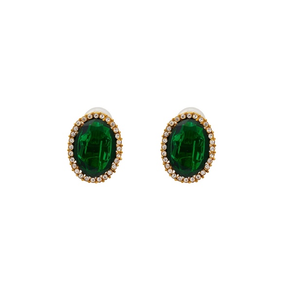 Gold & Crystal Oval Faceted Emerald Clip Earring