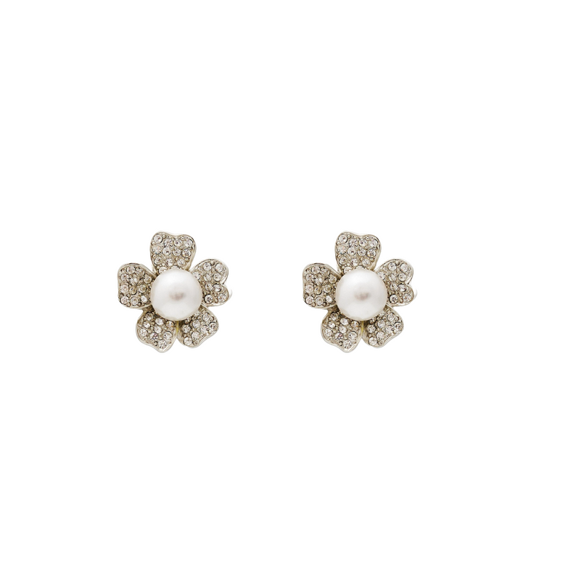 Rhodium w/ Pearl Center Flower Pierced Earring