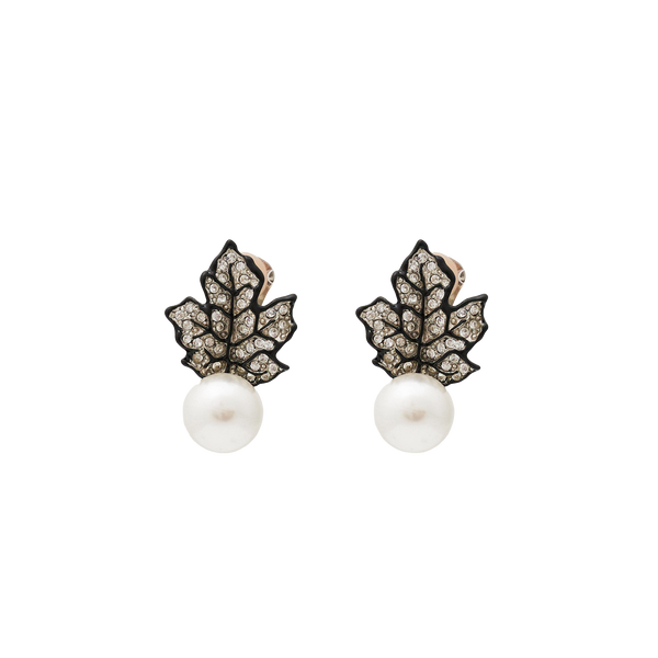 Black Crystal and Pearl Leaf Clip Earring
