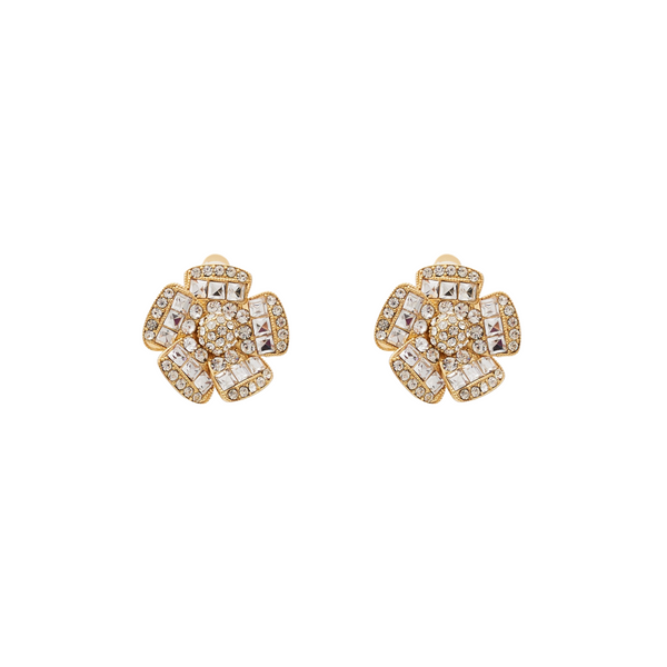 Gold & Rhinestone Flower Clip Earrings