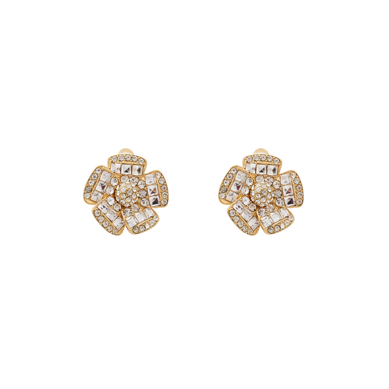 Gold & Rhinestone Flower Clip Earrings