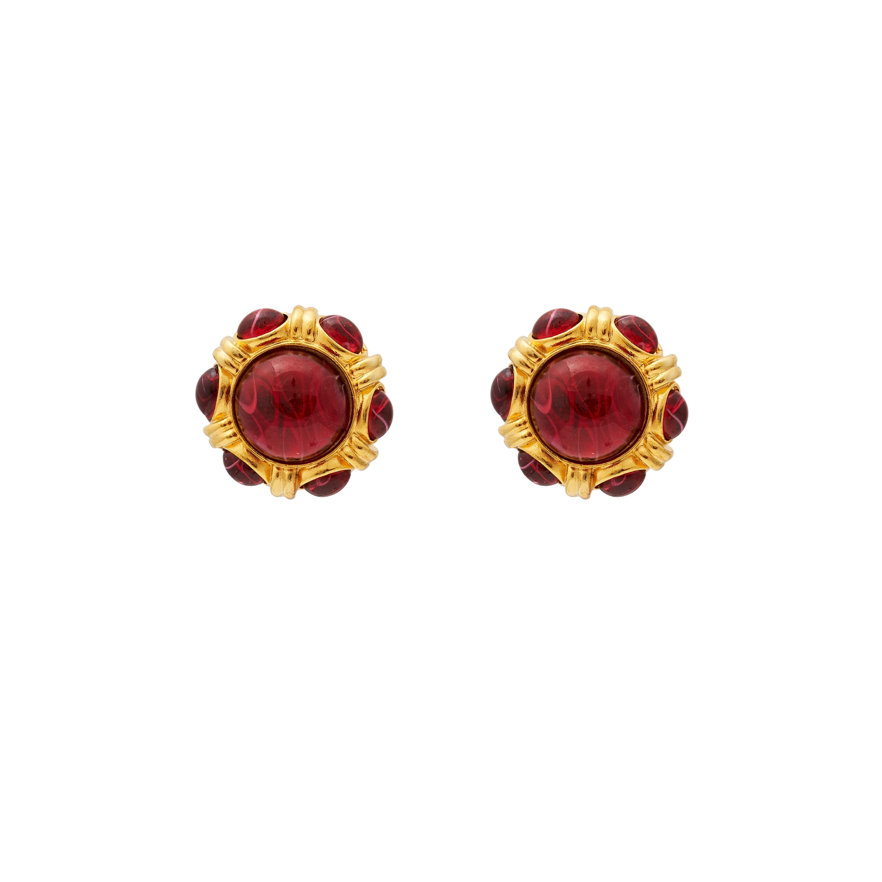 Gold & Ruby Button Clip Earrings