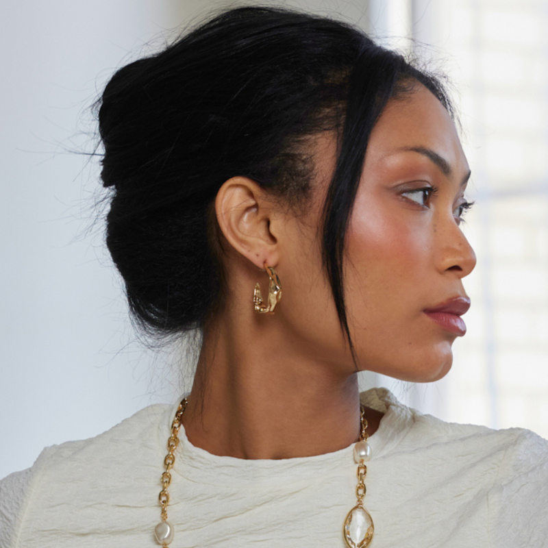 Polished Gold Textured Hoop Post Earring