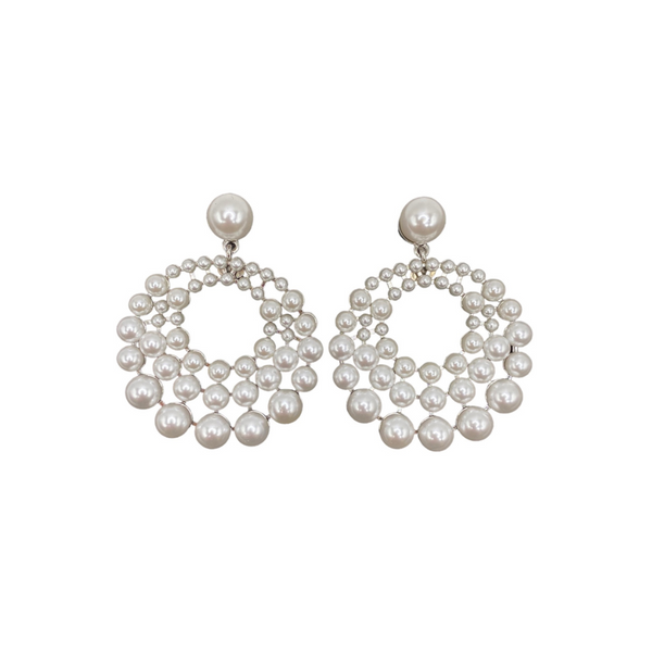 Silver and White Pearl Cluster Circle Earrings