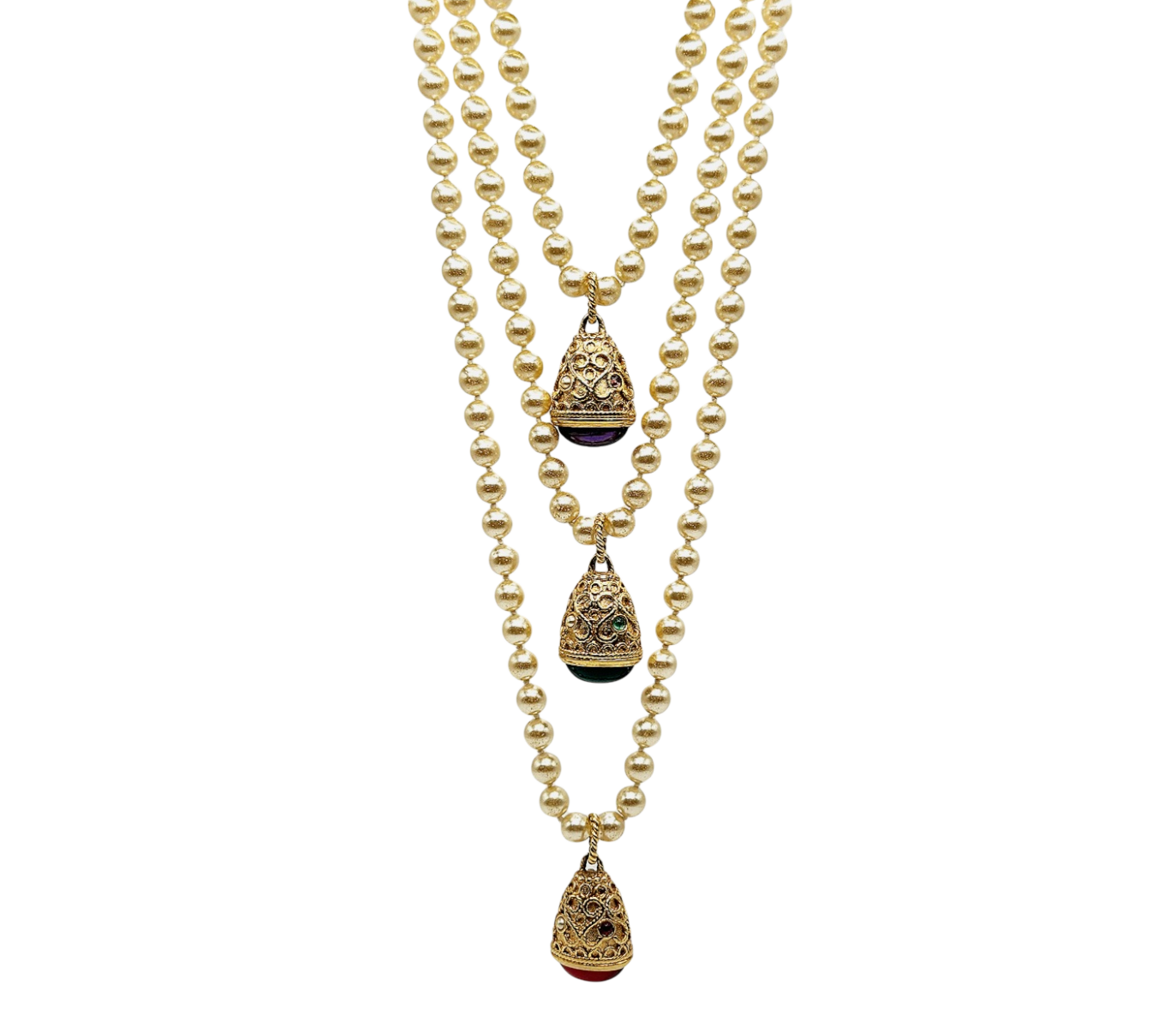 Vintage Pearl & Gold Carved Gemstone Pendant Layer Necklace