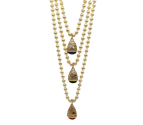 Vintage Pearl & Gold Carved Gemstone Pendant Layer Necklace