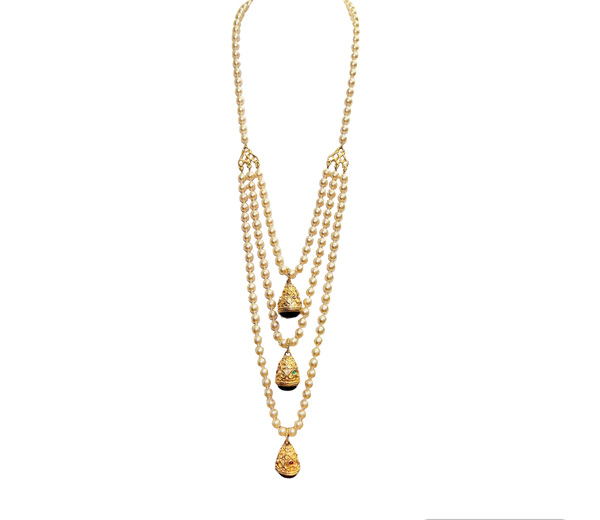 Vintage Pearl & Gold Carved Gemstone Pendant Layer Necklace