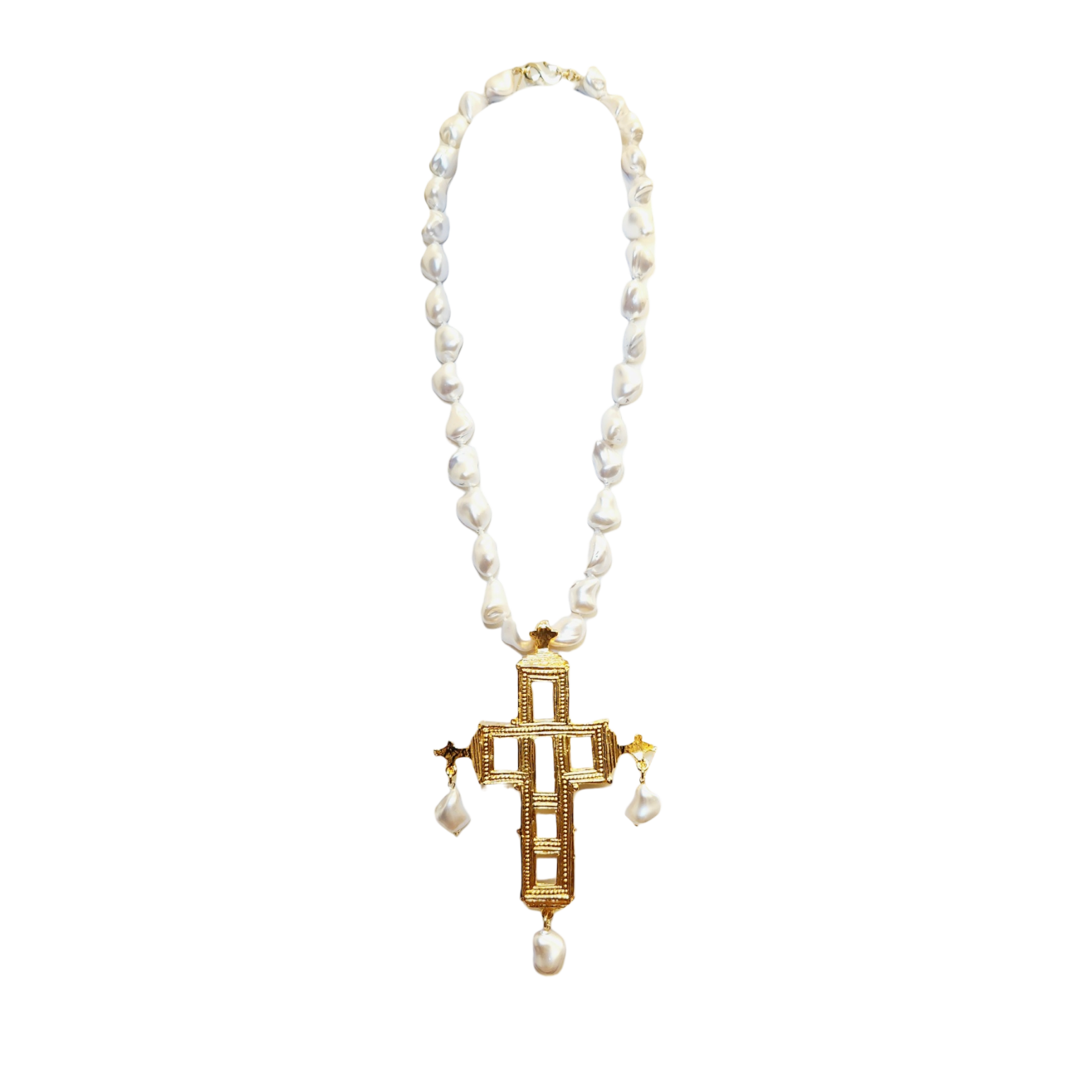 Vintage Baroque Pearl Gold Cross Necklace