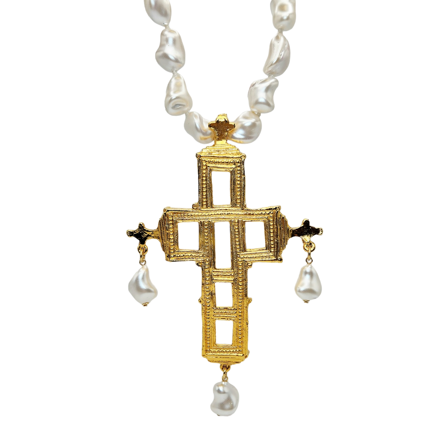 Vintage Baroque Pearl Gold Cross Necklace