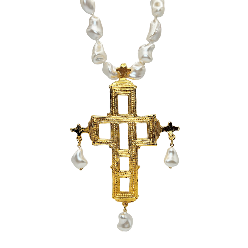 Vintage Baroque Pearl Gold Cross Necklace