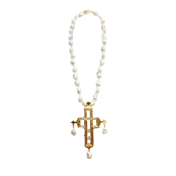 Vintage Baroque Pearl Gold Cross Necklace
