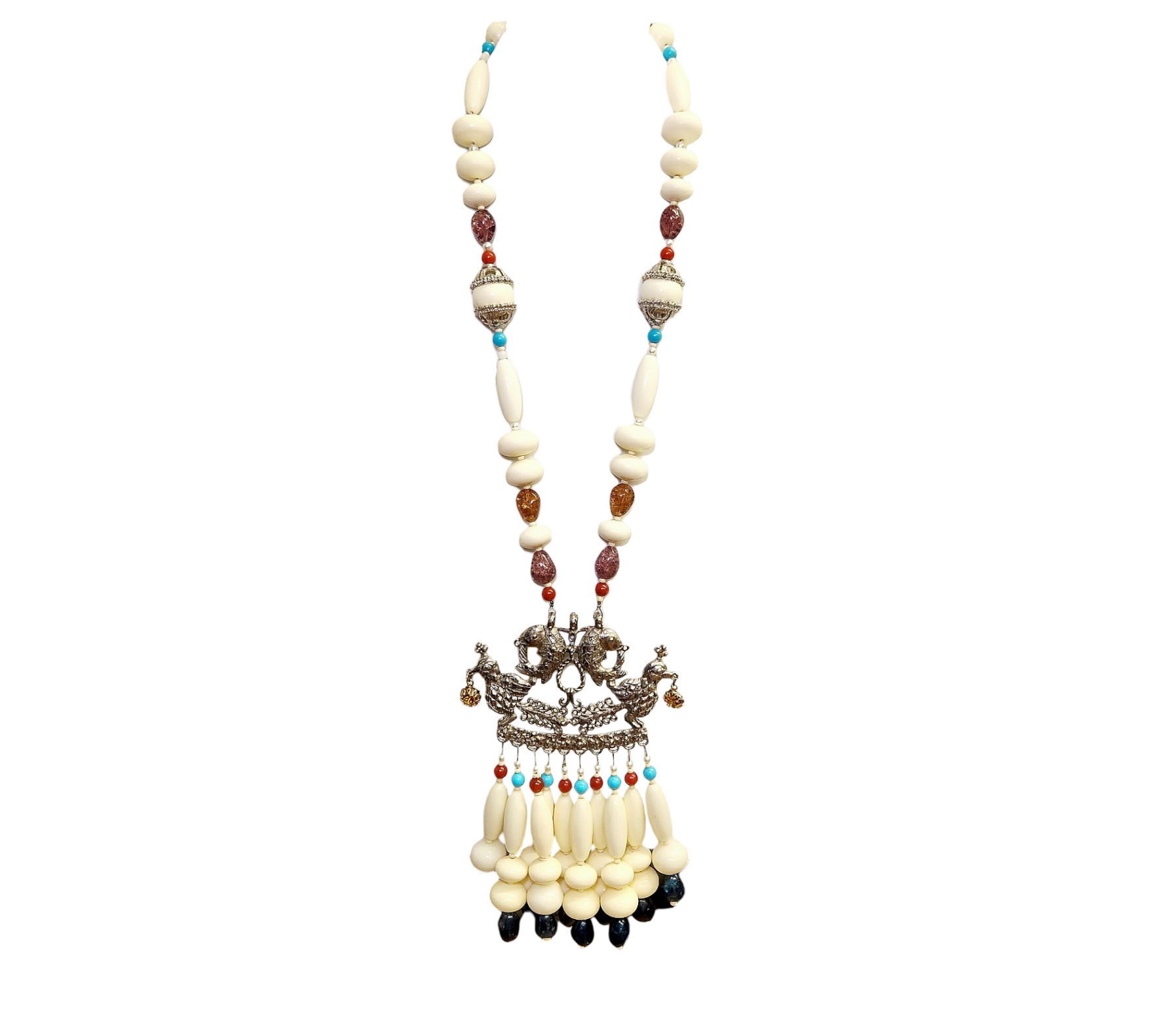 Vintage Ivory Bead Fish & Bird Pendant Drop Necklace