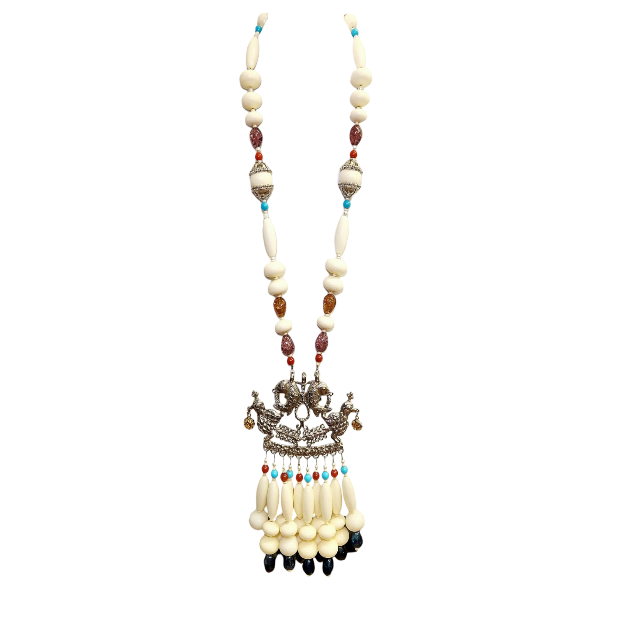 Vintage Ivory Bead Fish & Bird Pendant Drop Necklace