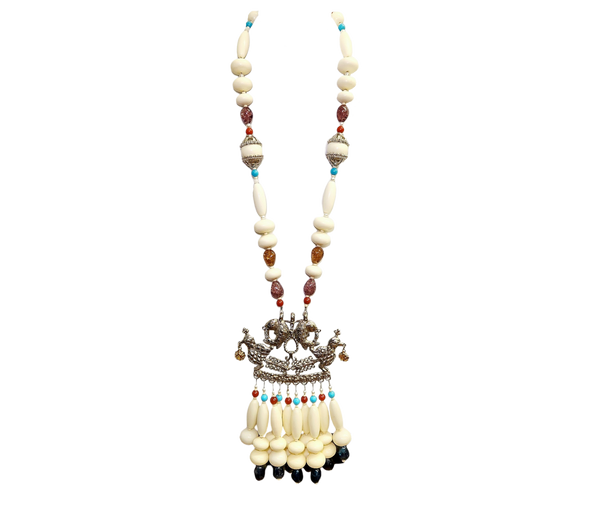 Vintage Ivory Bead Fish & Bird Pendant Drop Necklace