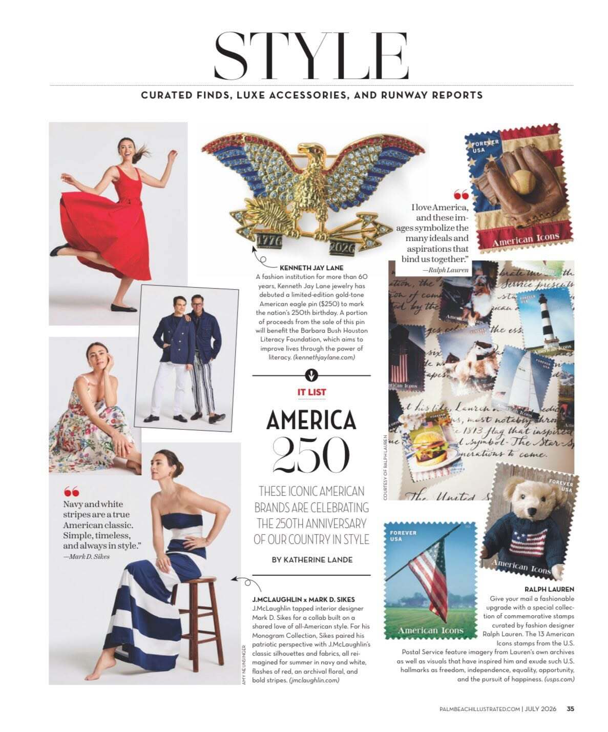 A full-page magazine spread from Style magazine featuring a collage of fashion, travel, and lifestyle images with text. The page includes a large central title reading 'AMERICA 250' and multiple inset photos of people, scenery, and branded items such as Ralph Lauren and Louis Vuitton.