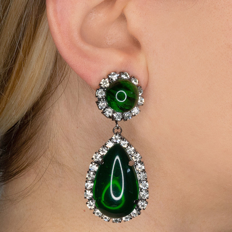Gunmetal, Crystal And Emerald Cabochon Teardrop Clip Earrings