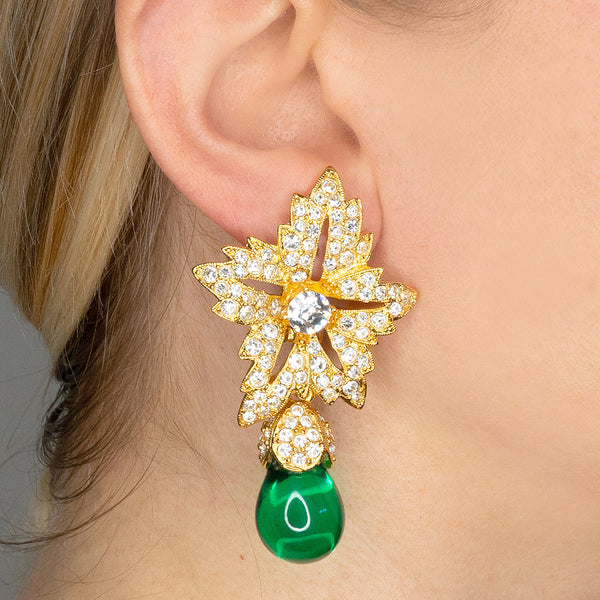 Flower Top Emerald Teardrop Clip Earrings