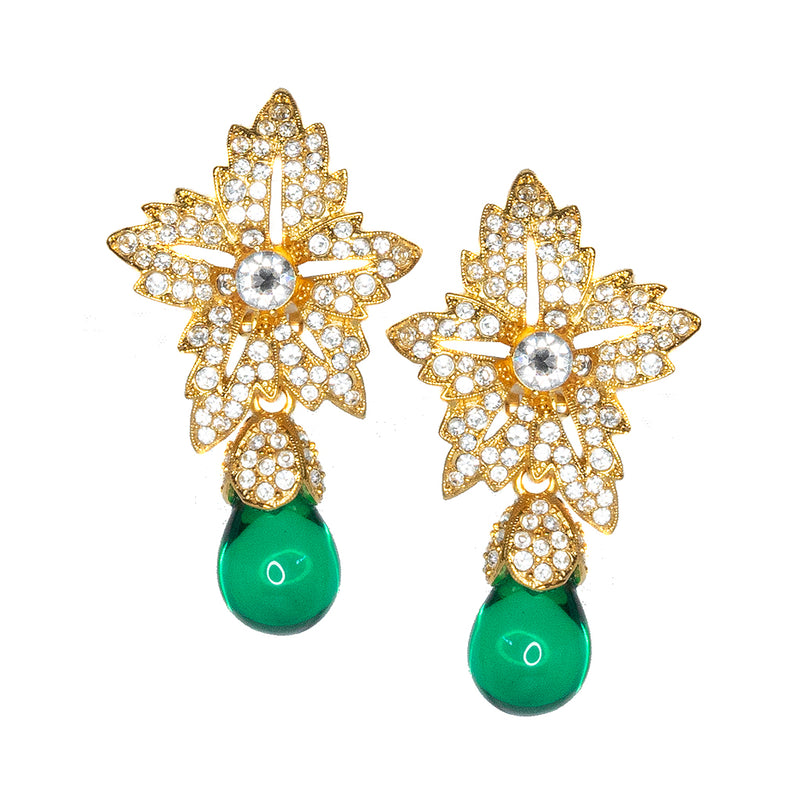 Flower Top Emerald Teardrop Clip Earrings