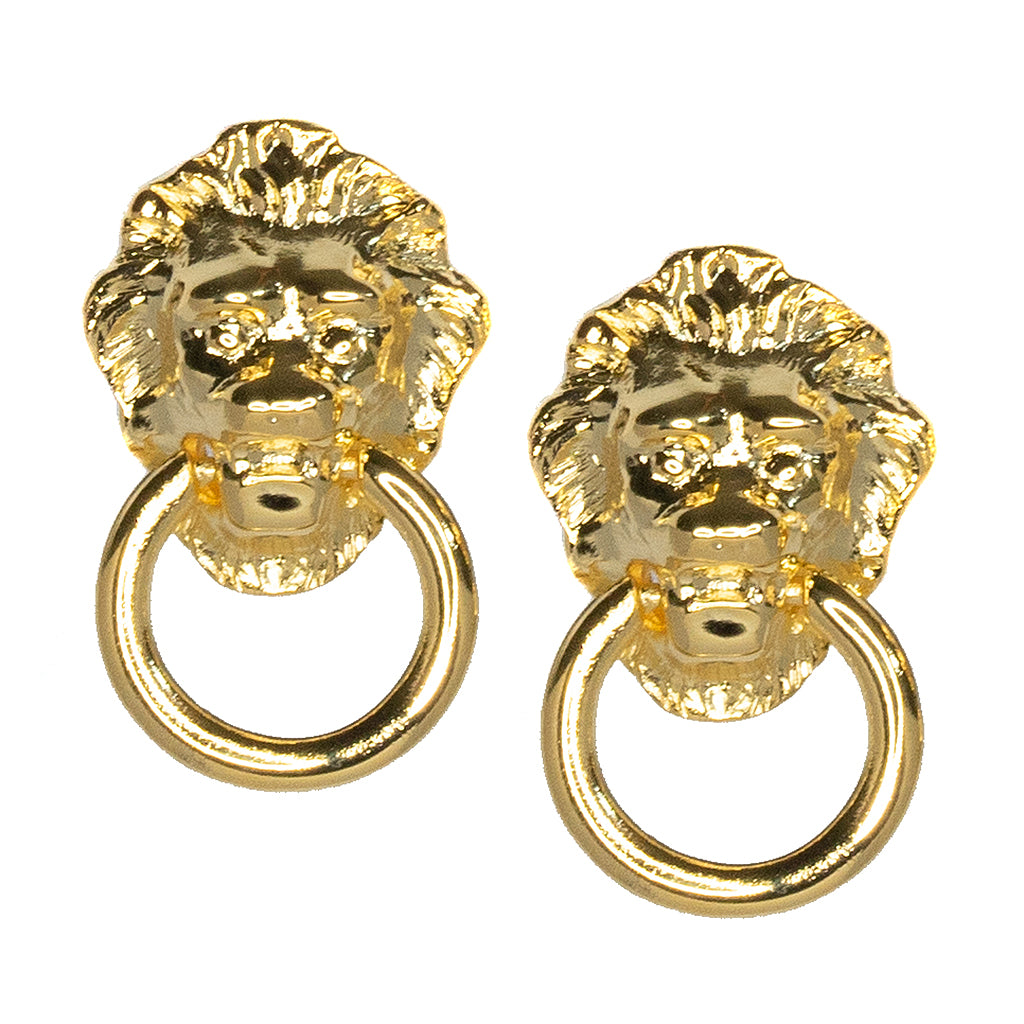 Lionhead Doorknocker Earrings Regal Animal Motif Jewelry Kenneth Jay Lane Statement Earrings Choice of Pierced or Clip Styles Striking Lionhead Design Commanding Presence Earrings Versatile Contemporary Accessories Bold and Majestic Earrings Symbolic Lionhead Jewelry Gift for Confident Fashion Enthusiasts