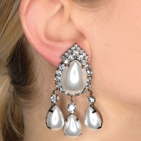 Gunmetal & Crystal Pearl Top Drop Clip Earrings